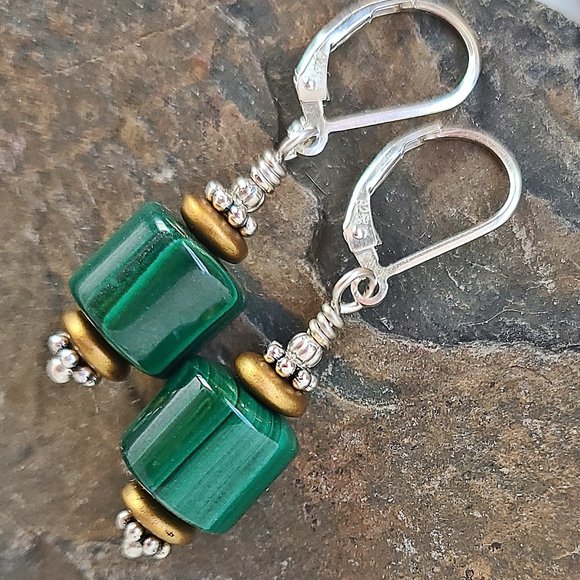 Green Malachite Earrings Genuine Sterling Silver Leverbacks - Picture 4 of 10